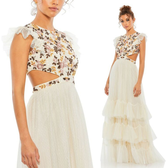 Mac Duggal 35106 Floral Embroidered Tiered Cutout Maxi Dress Cream Size 8 NWT - Picture 1 of 14